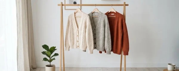 Trois cardigans en maille naturelle superposés sur un portant en bois dans une pièce lumineuse