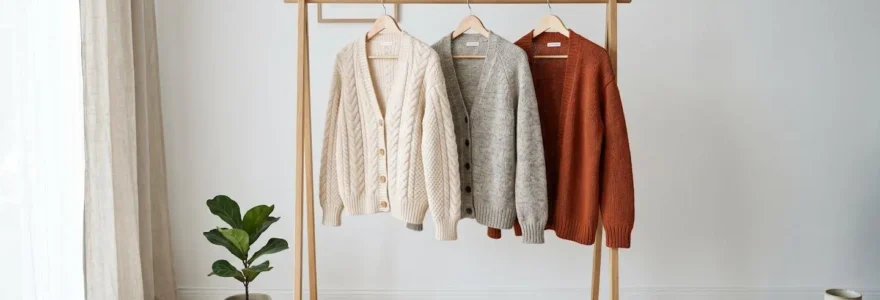 Trois cardigans en maille naturelle superposés sur un portant en bois dans une pièce lumineuse