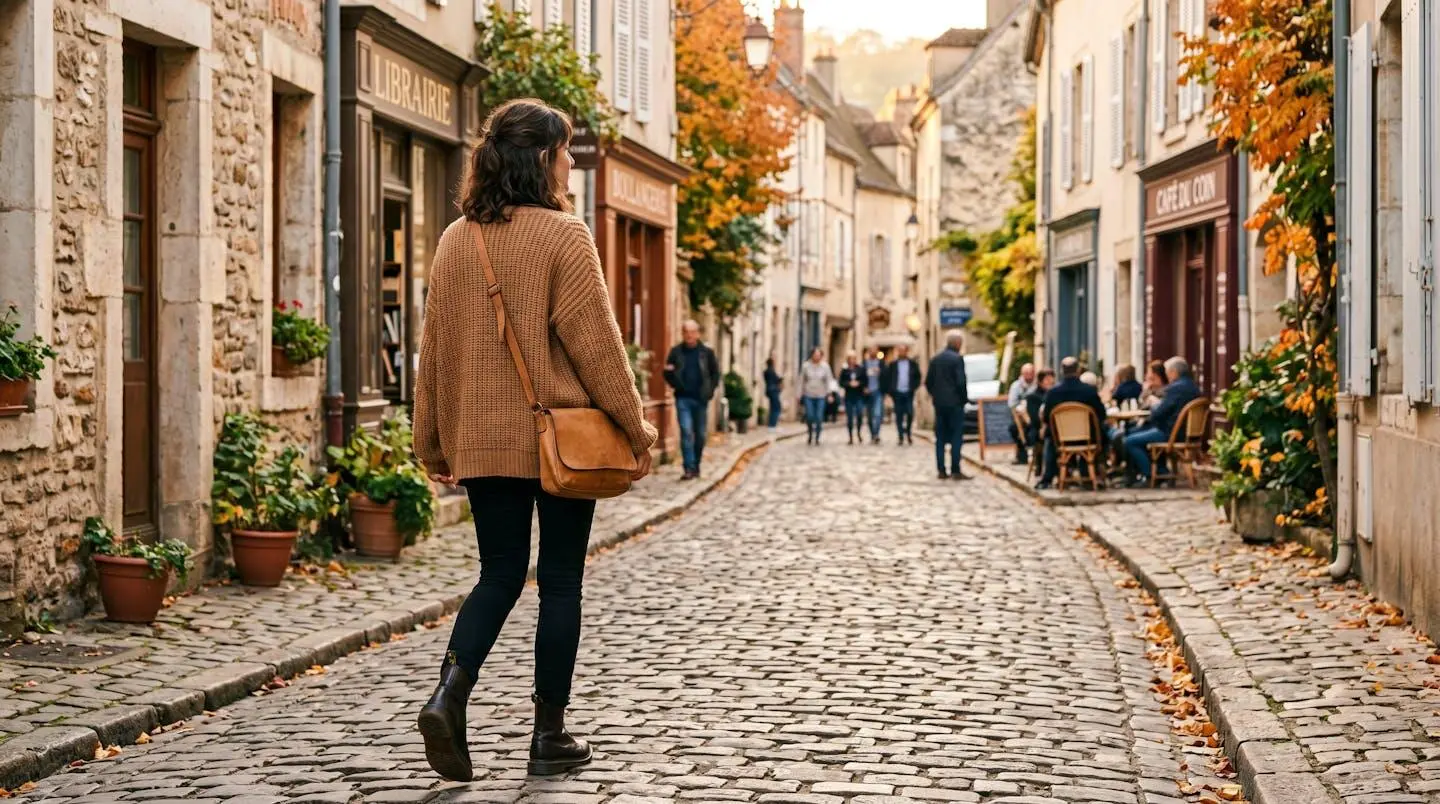 Femme portant un cardigan oversize camel sur un jean en milieu urbain, ambiance automne
